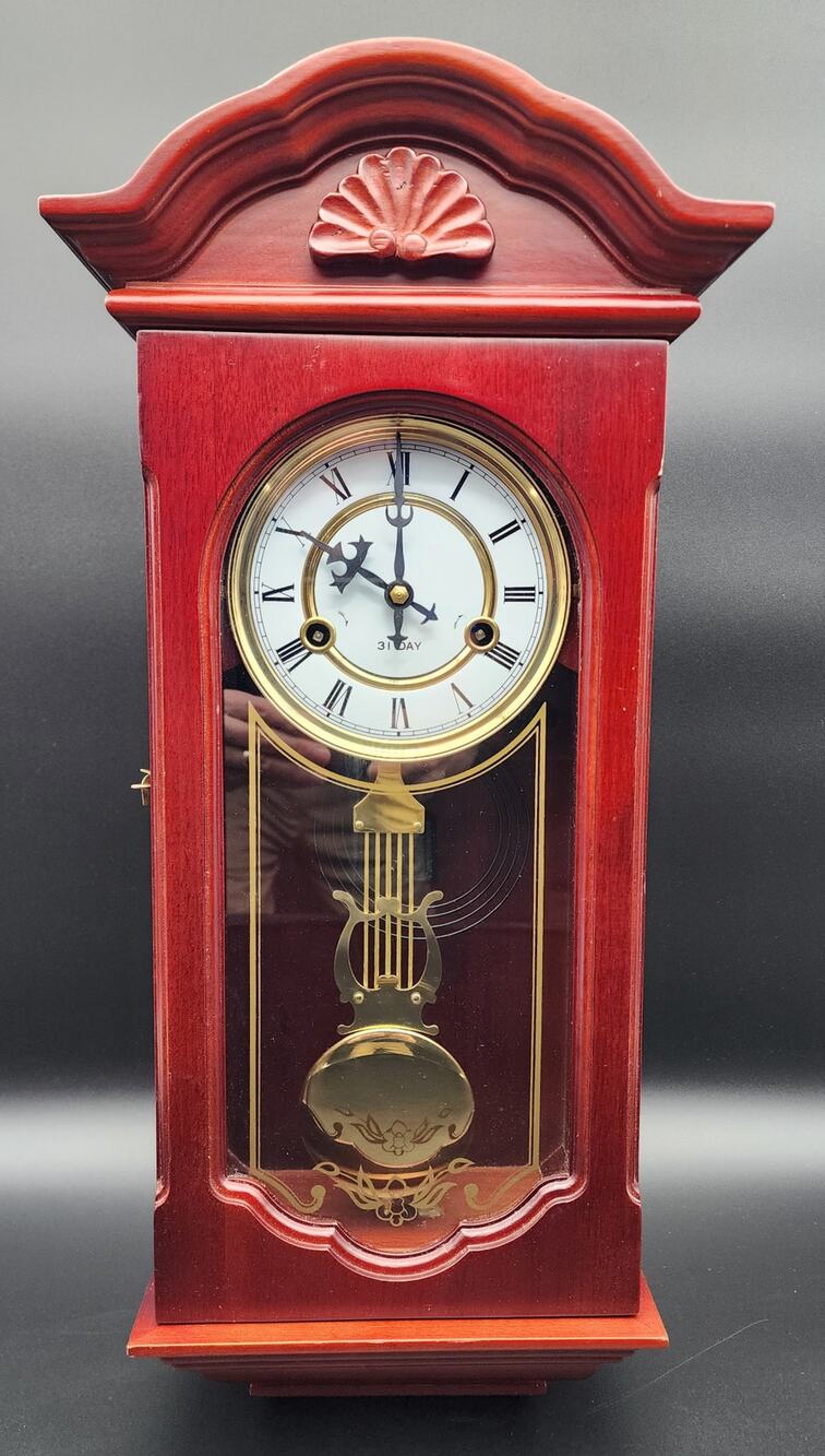 Vintage 31‑Day Regulator Clock Wood Case Glass Door w/ Key – For Decor/Parts